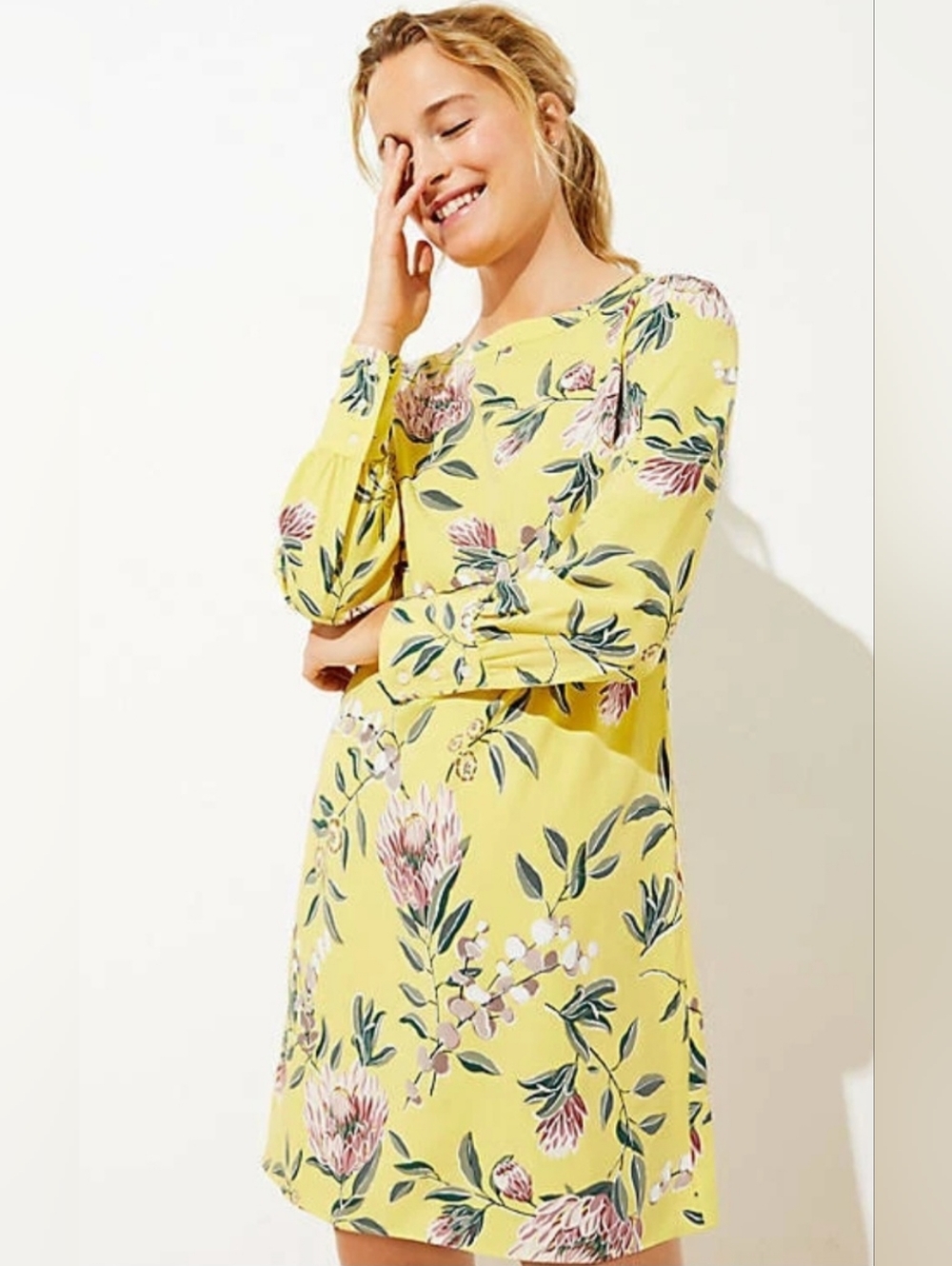 Loft Floral Boatneck Shift Dress Bright Celery, Size 8, NWT